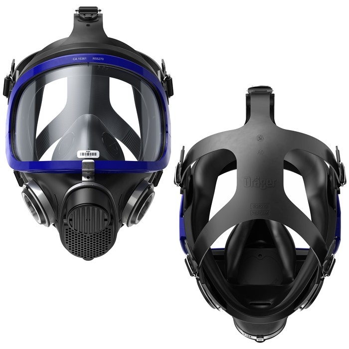 Dräger X-plore 5500 Vollmaske Zwei Ansichten der Dräger X-plore 5500 Vollmaske: Frontal und Rückseite im schwarzen Design mit blauen Akzenten.