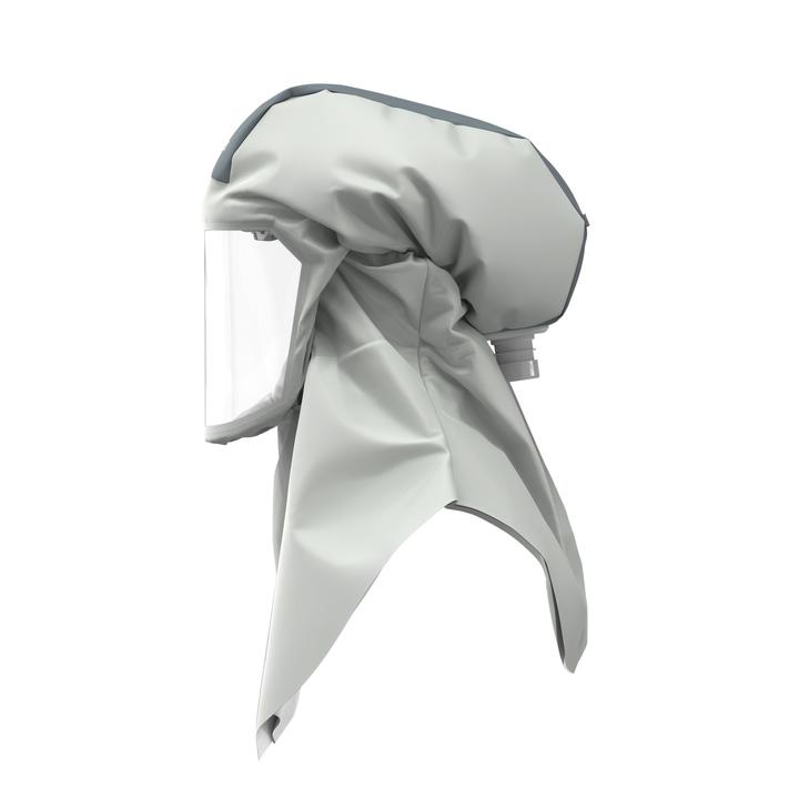 Schutzhaube Dräger X-plore 8000 Serie Seitenansicht einer grauen Schutzhaube mit Sichtfenster.