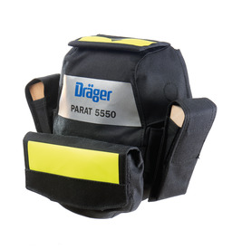 Dräger PARAT 5550 Atemschutzgerät Schwarzes Atemschutzgerät mit gelben Akzenten und Trägern.