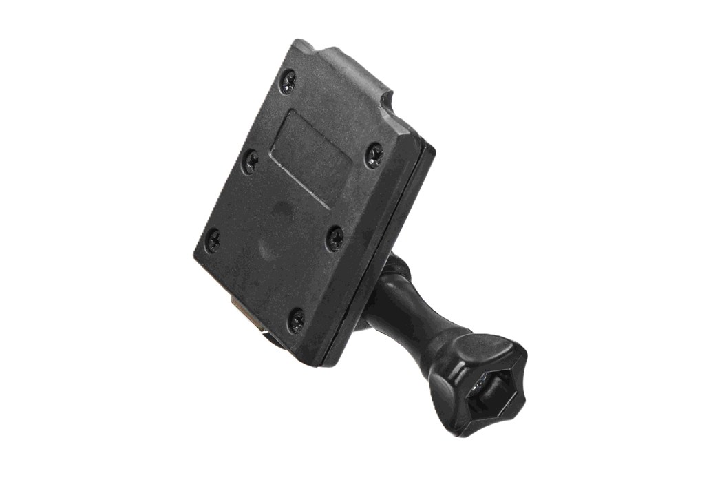 Robust Halterung für Sicherheitstechnik Schwarze, rechteckige Halterung mit verstellbarem Arm und Drehknauf.