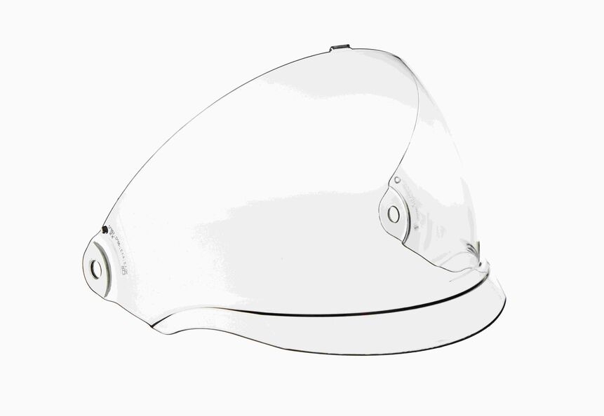 Schutzvisier für Industrieanwendungen Transparentes Visier mit Befestigungselementen, seitliche Ansicht.