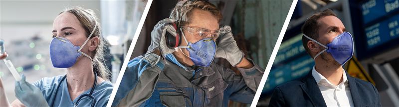 Atemschutz für Sicherheit am Arbeitsplatz Drei Personen tragen Atemschutzmasken in verschiedenen Arbeitsumgebungen.