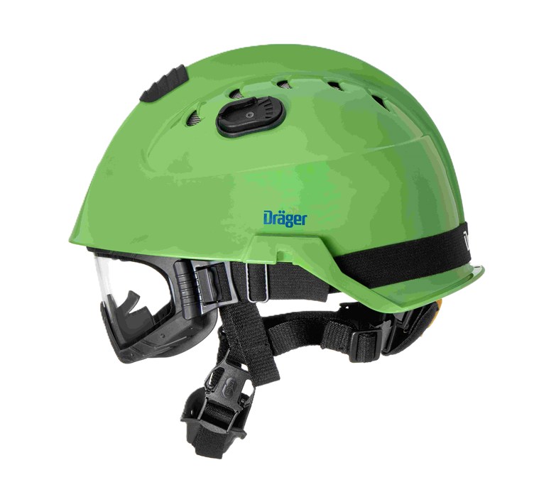 Dräger Feuerwehrhelm HPS 3500 Seitenansicht des grünen Dräger HPS 3500 Helms mit Visier und Kinnriemen.
