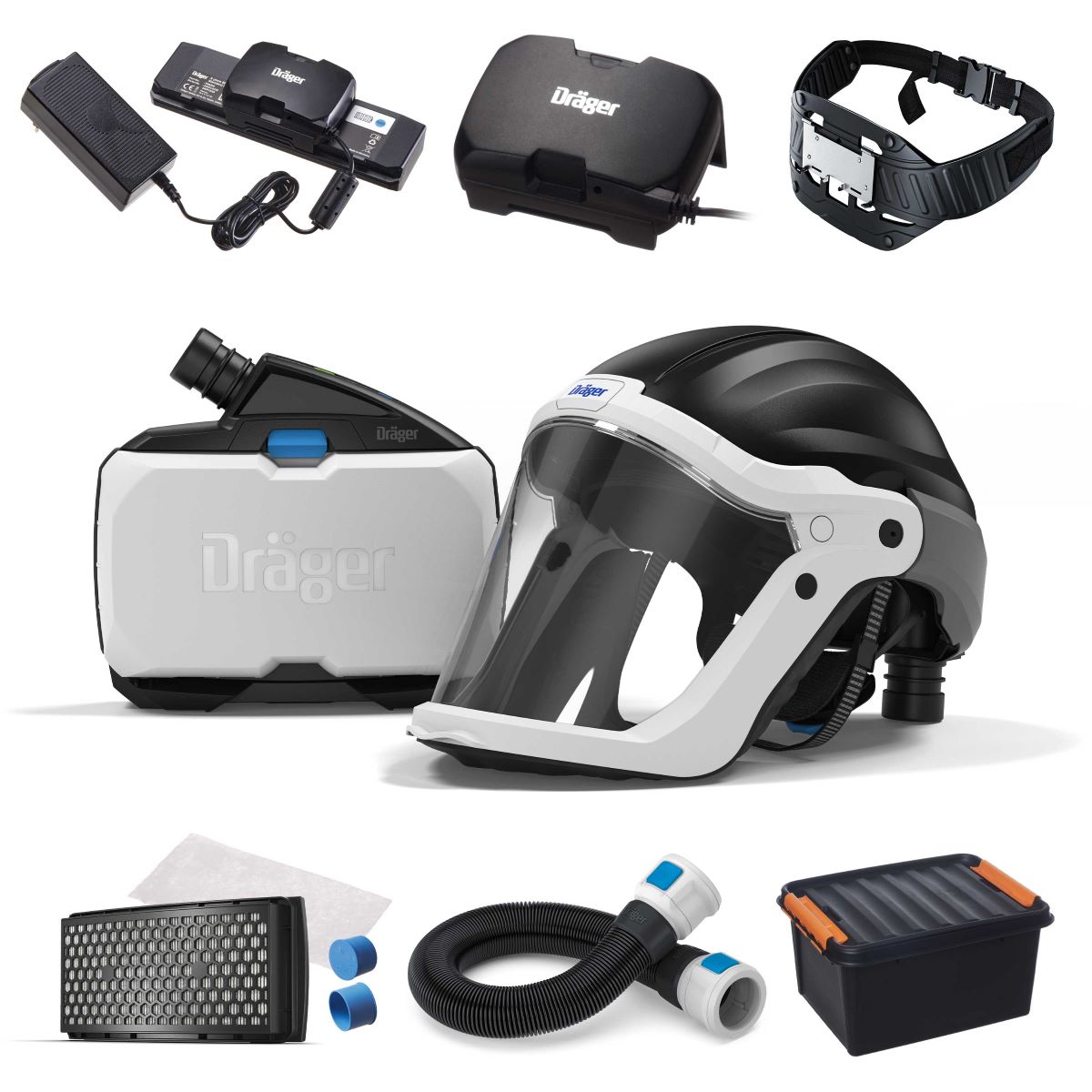 PAPR-Atemschutzgerät von Dräger Vollgesichtsmaske mit elektrischer Atemschutzanlage und Zubehör von Dräger, inklusive Filter und Batterie.