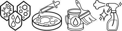 Dräger Sicherheitstechnik Produkticon Icons für chemische Schutzmittel, Pipette, Farbeimer und Sprayflasche.
