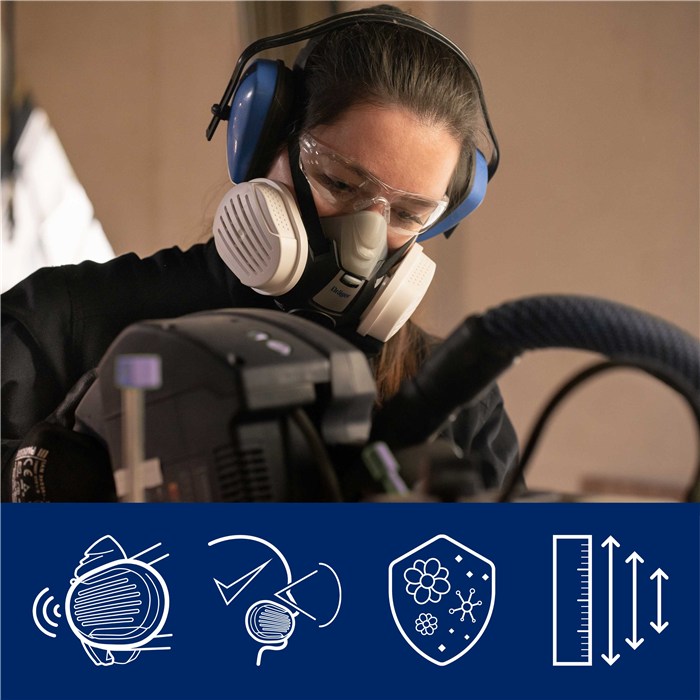 X-plore 3300 Halbmaske mit P3 Filter Person trägt X-plore 3300 Halbmaske, nutzt Sicherheitsausrüstung.