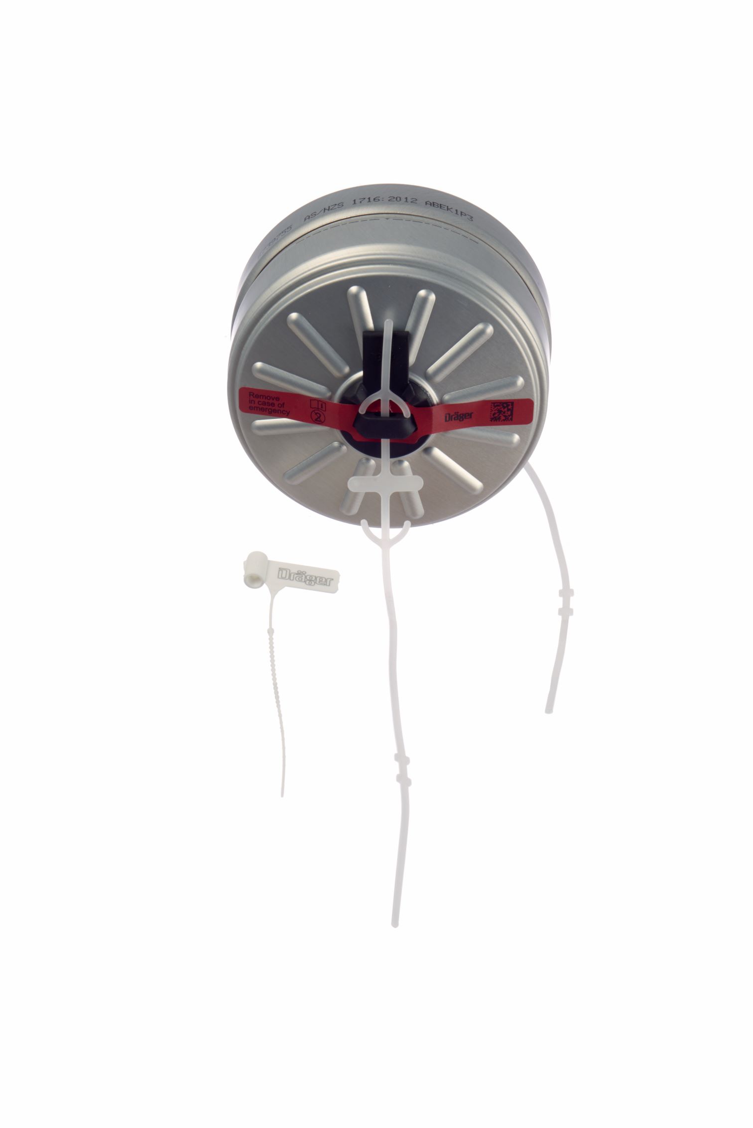 Deckenmontierter, runder Rauchmelder mit Abhängung und Kabel.