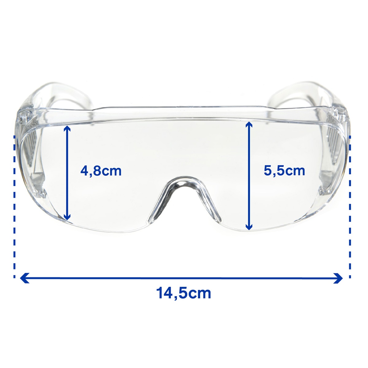 Schutzbrille Draeger X-pect 8110 ansehen Frontansicht der transparenten Schutzbrille mit Bemaßungen.