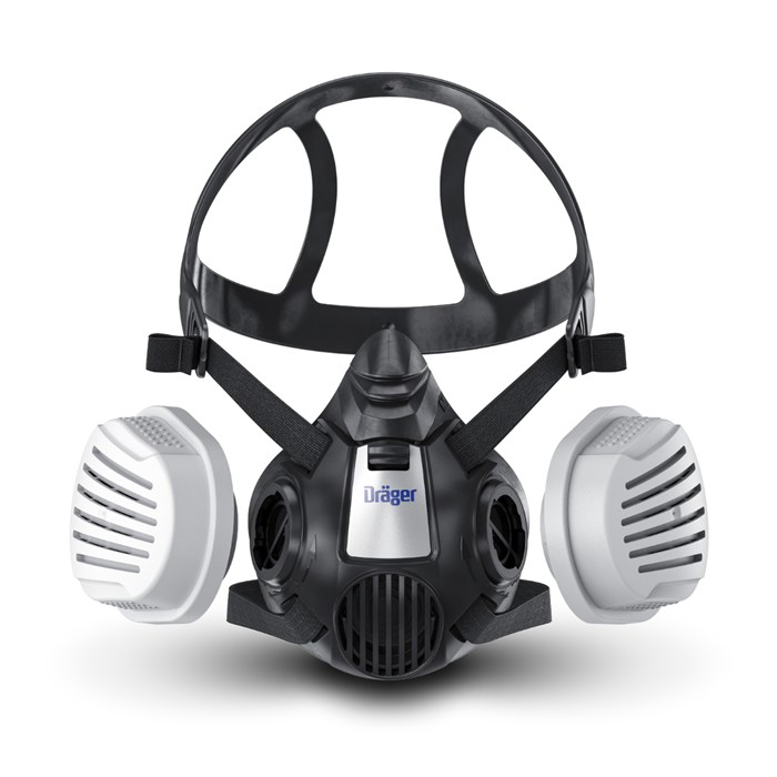 Waldbrand Atemschutzmaske von Dräger Schwarze Atemschutzmaske mit zwei weißen Filtern, vorn mit Dräger-Logo.