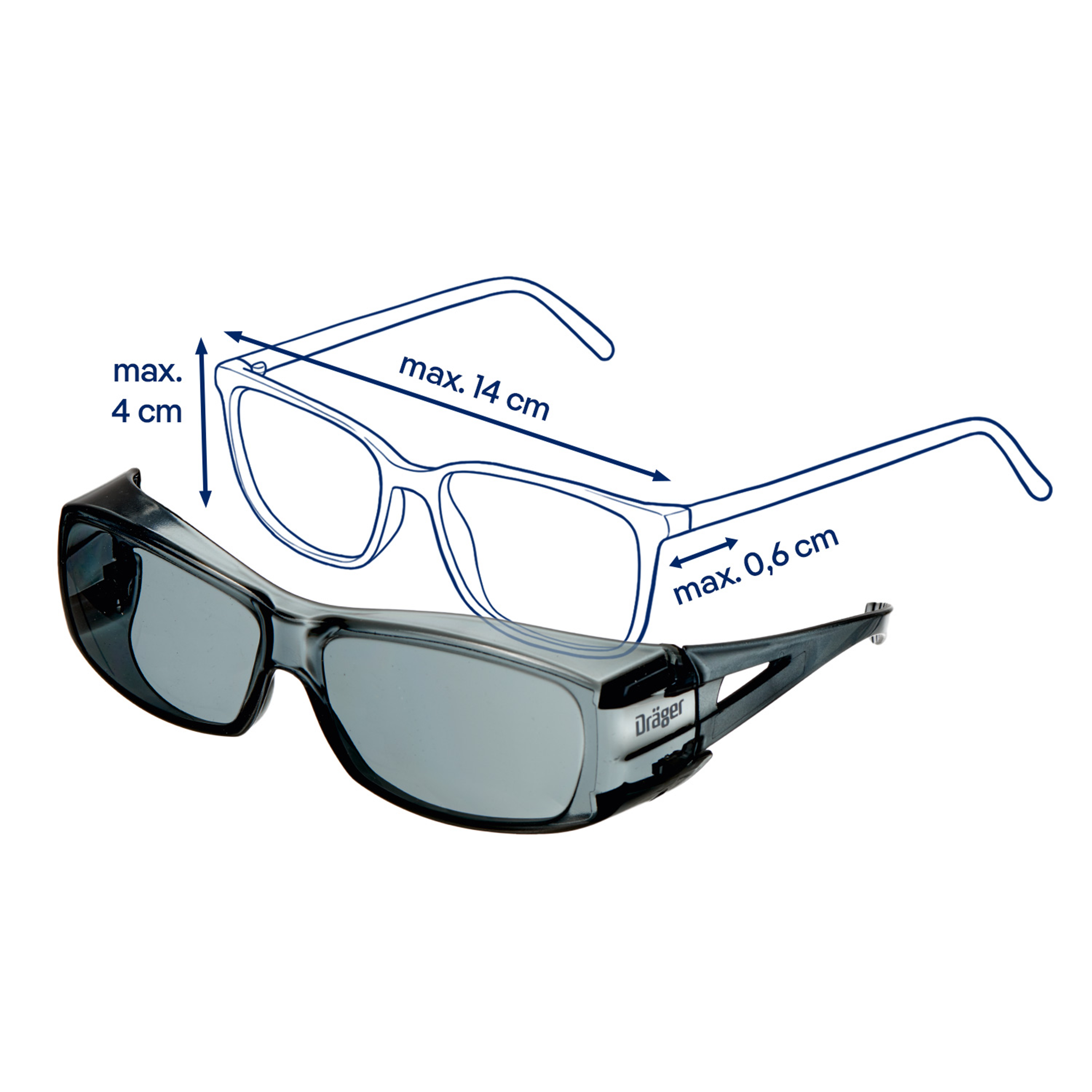 Schutzbrille X-pect 2420 mit Maßeinheiten für maximale Brillengrößen.