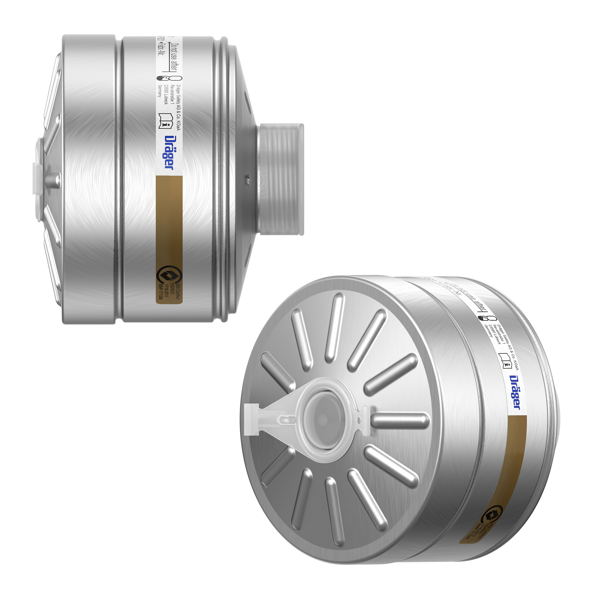 Zwei zylindrische Metallfilter von Dräger, Modell A2, silbern mit Verbindungsgewinde.