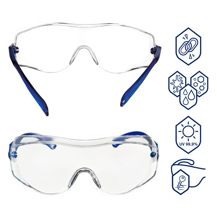 Schutzbrille Dräger X-pect 8120 Zwei Schutzbrillen mit blauen Bügeln und UV-Schutz.