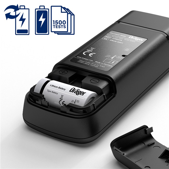 Draeger Alcotest 4000 Batterie Nahaufnahme eines Dräger Alcotest 4000 mit geöffnetem Batteriefach.