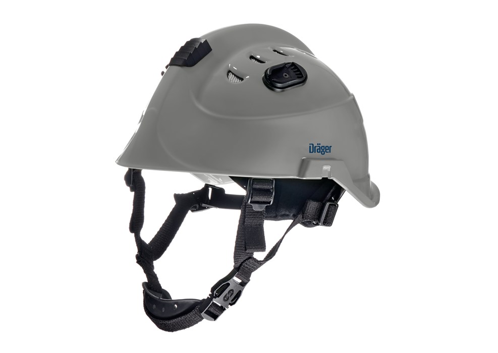 Seitlicher Blick auf grau-silbernen Schutzhelm Dräger HPS 3500.