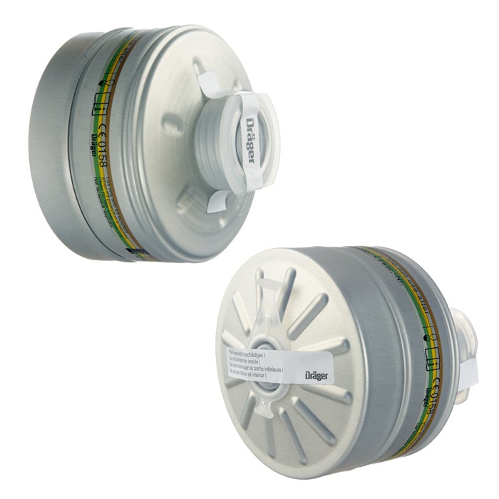 Rd40 Sicherheitsfilter A2B2E2K1 von Dräger Zwei Dräger Rd40 Filter für Atemschutz, metallisches Gehäuse.