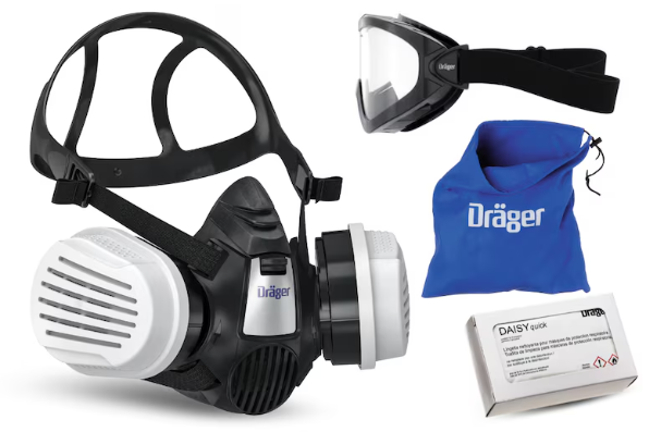 Dräger Atemschutzmaske Set Ein Atemschutzset von Dräger: Maske, Schutzbrille, Tasche und Filterbox.