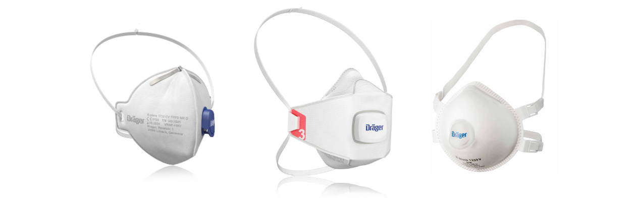 Schutzmasken von Dräger im Vergleich Drei Atemschutzmasken: zwei mit Ventil, eine ohne, jeweils in weiß mit unterschiedlichen Designs.