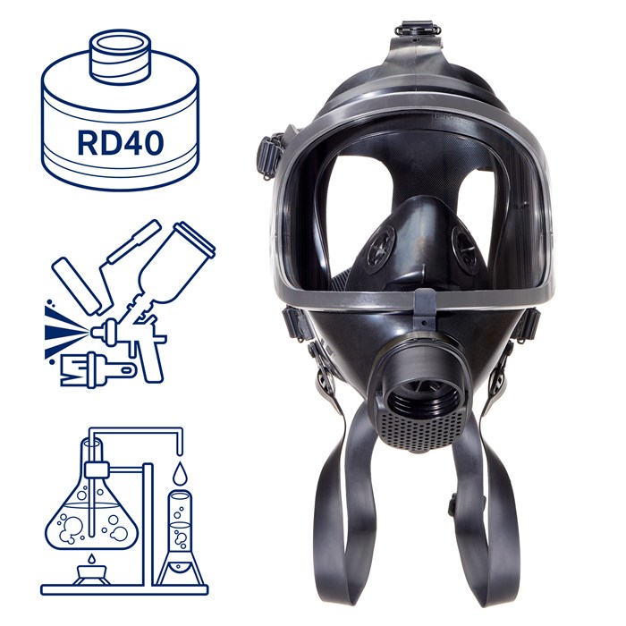 Vollmaske Panorama Nova von Dräger Ansicht der Vollmaske Panorama Nova mit RD40 Anschluss für Sicherheitsanwendungen in Labor und Industrie.