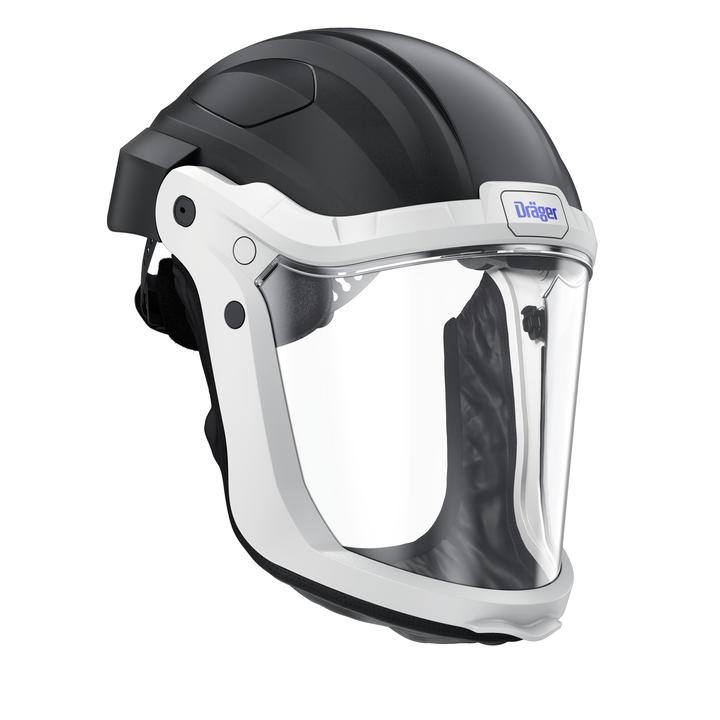 Dräger Vollmaske für Atemschutz Schwarze und weiße Vollmaske mit klarem Visier und Dräger-Logo.