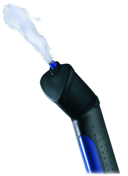 Tragbares Rauchsimulationsgerät Schwarzes Gerät bläst Rauch aus, blaue Details erkennbar.