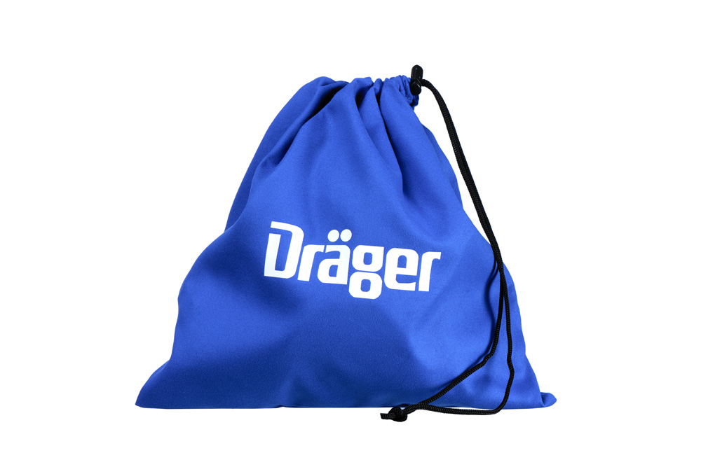 Dräger Sicherheitsbeutel Blauer Stoffbeutel mit Dräger-Logo und schwarzer Kordel.