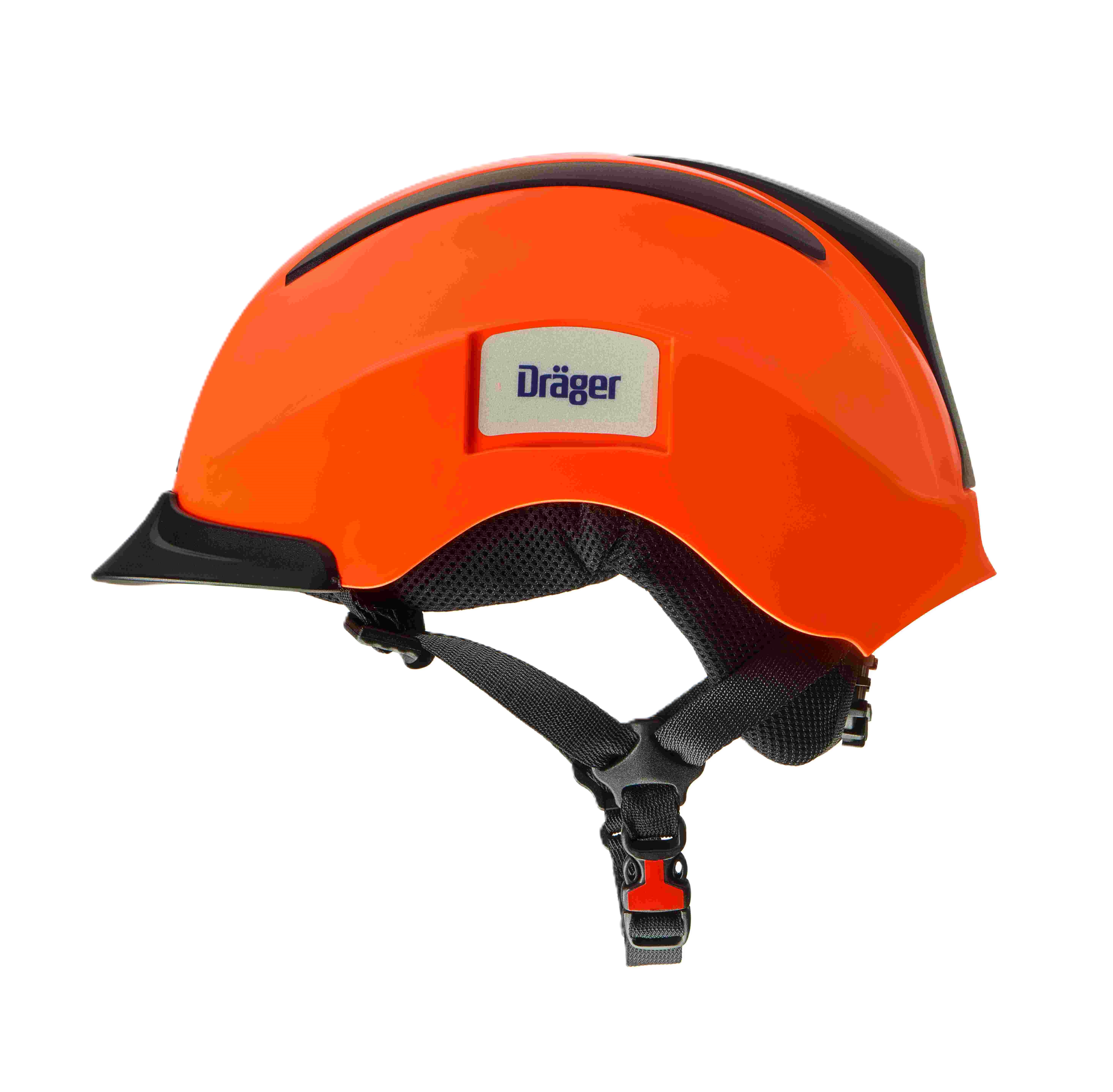 Oranger Schutzhelm mit Dräger-Logo und schwarzem Kinnriemen.