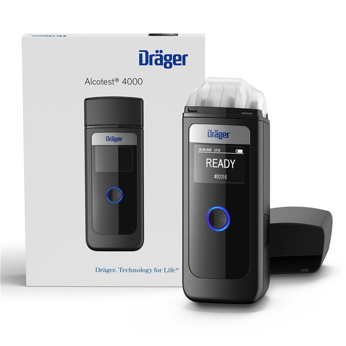 Dräger Alcotest 4000 Alkoholtester Alkoholtestgerät Dräger Alcotest 4000, Schwarz, vor Verpackung stehend.