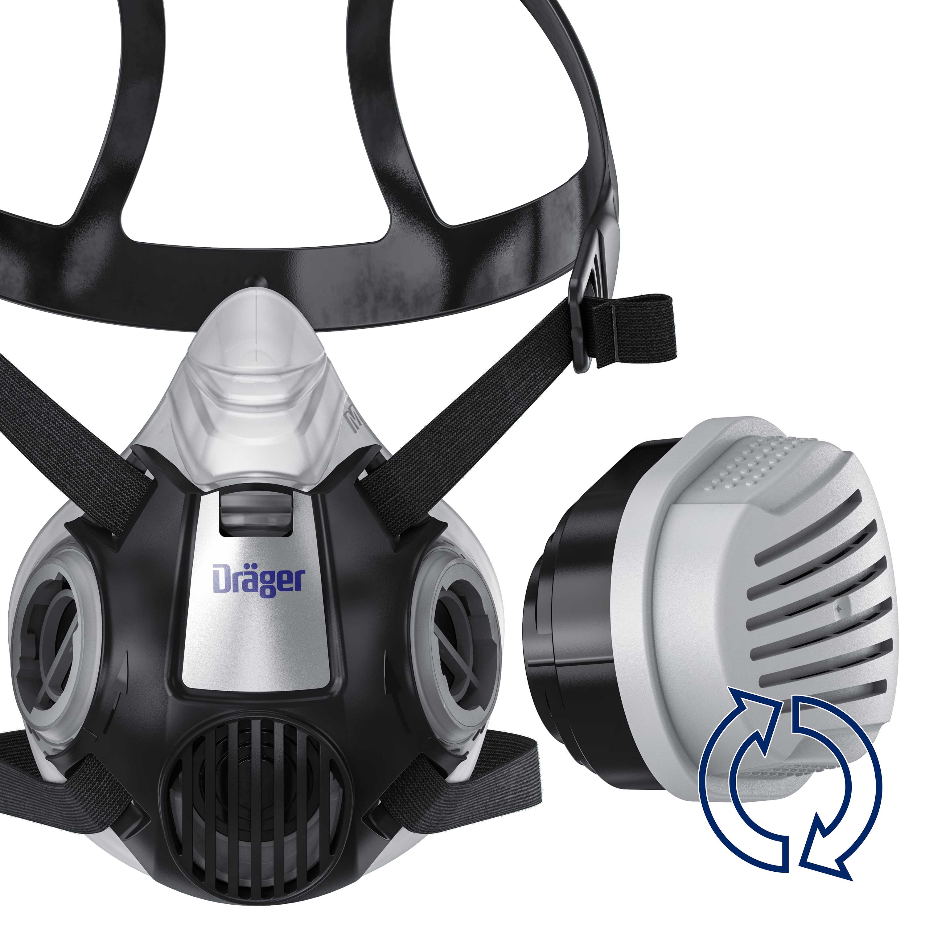 Halbmaske mit Filterpatrone, verstellbarem Kopfgurt und Dräger-Logo.
