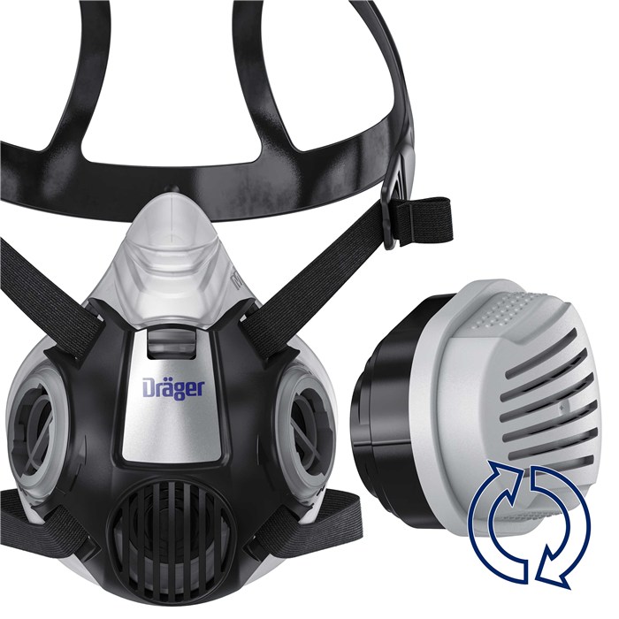 Dräger X-plore 3300 ABEK1 Hg P3 Halbmaske Halbmaske mit Filterpatrone, verstellbarem Kopfgurt und Dräger-Logo.