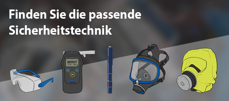 Schutzprodukte für individuelle Sicherheit. Abgebildet sind Schutzbrille, Messgerät, Atemmaske und Filter.
