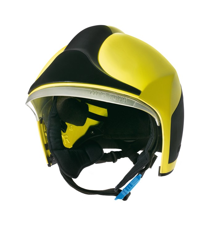 Feuerwehrhelm Dräger HPS 7000 Basic Gelb-schwarzer Feuerwehrhelm mit Visier und Kinnriemen.