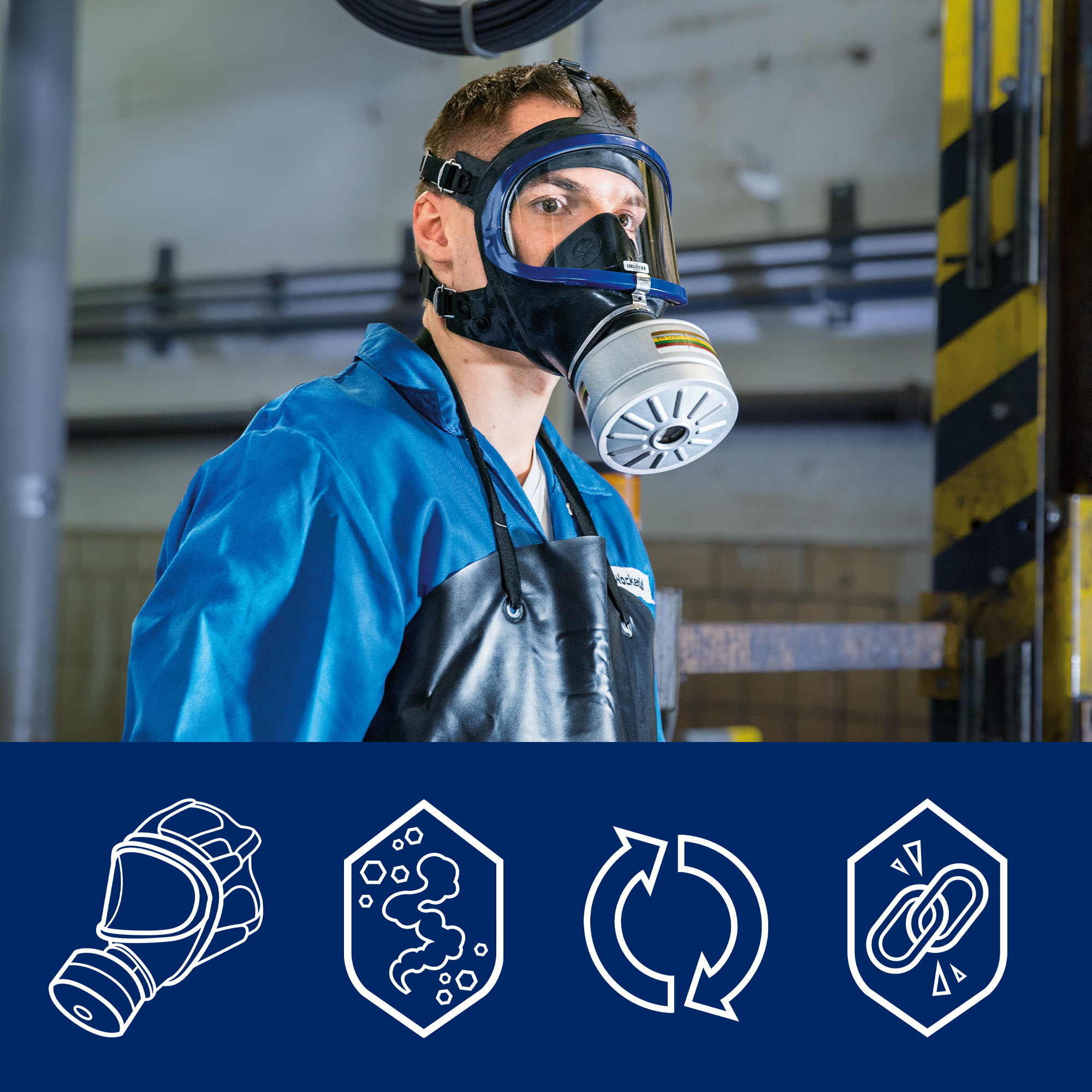 Person in blauer Schutzkleidung trägt Atemschutzmaske mit Rd40 Filter. Icons zeigen Schutz- und Verbindungseigenschaften