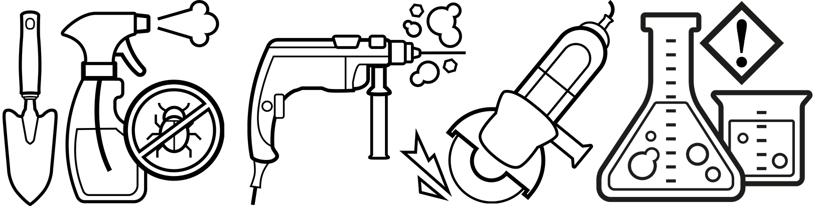 Illustrationen von Schutzmaßnahmen und Laborgeräten.
