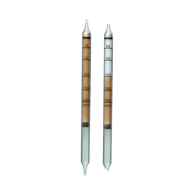 Gasmesströhrchen Dräger CH24201 Zwei transparente Mesströhrchen mit Skala und brauner Füllung.