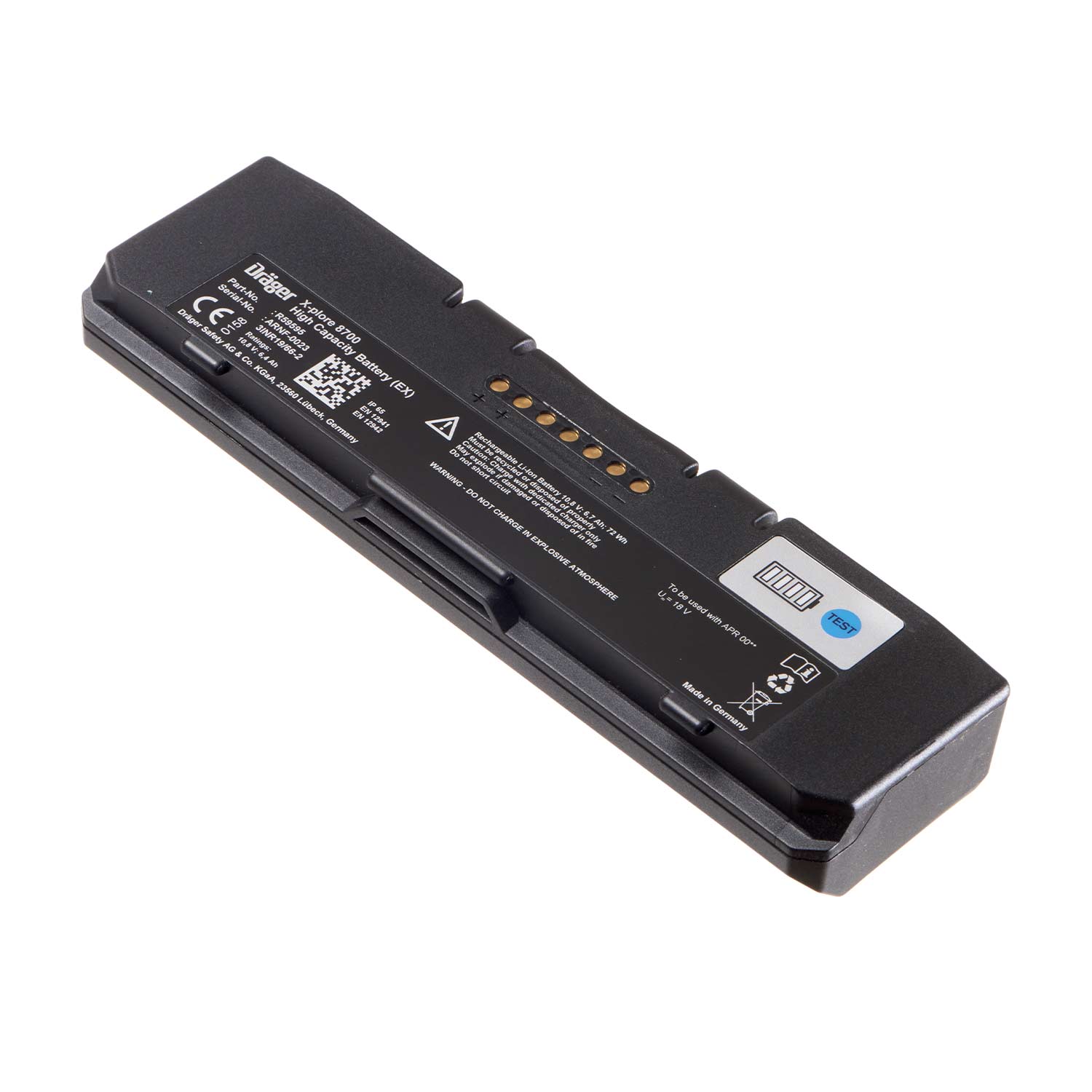 X-plore 8700 Rechargeable Battery (EX) Schwarzer, länglicher Akku mit Anschlusskontakten und Dräger-Logo für Sicherheitsprodukte.