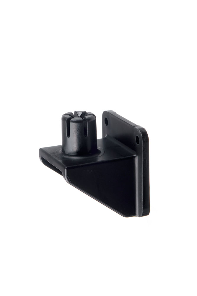 Schwarze Metallhalterung zur Wandmontage von Sicherheitszubehör.