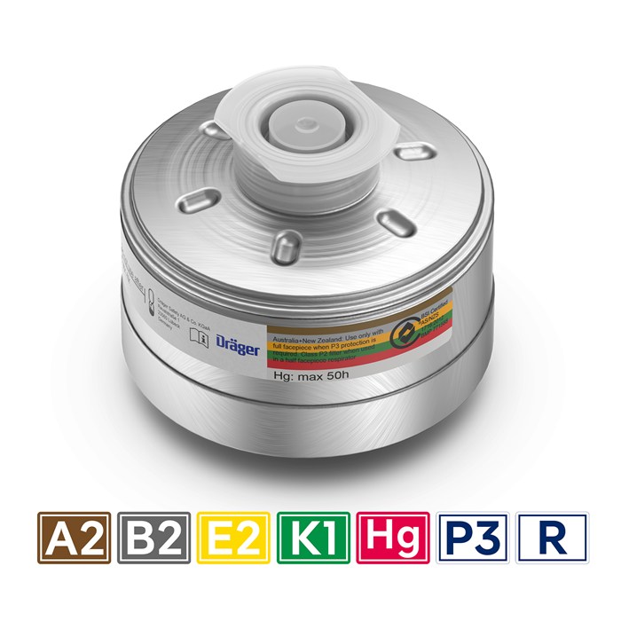Dräger Rd40 Filter A2B2E2K1 Hg P3 Runder Filtereinsatz für Atemschutzmasken, mit mehreren Farbcodes für verschiedene Schadstoffgruppen.