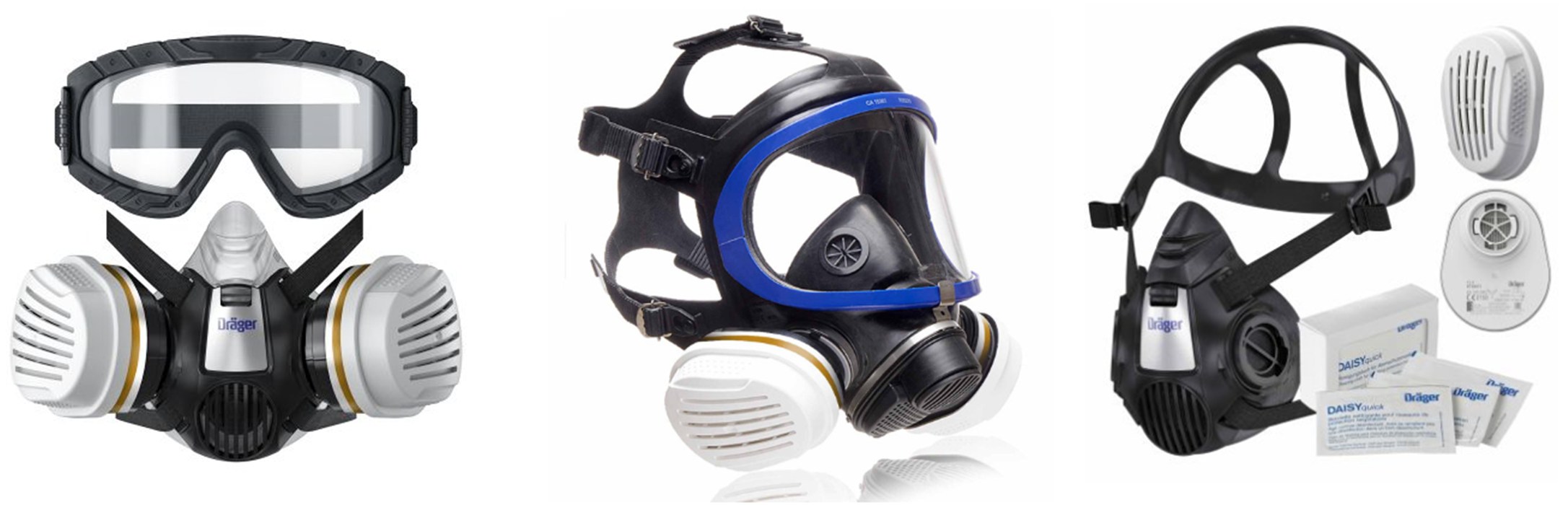Drei Atemschutzmasken mit Filter und Zubehör, für Sicherheitstechnik-Anwendungen.