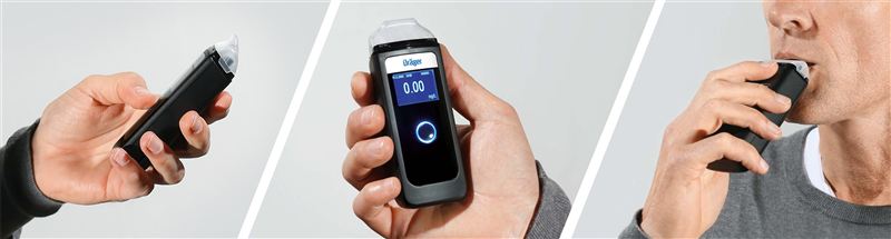 Dräger Alkoholtester A4000 im Einsatz Drei Bilder eines Dräger Alkoholtesters: in der Hand gehalten, Displayanzeige und Person, die hineinpustet.