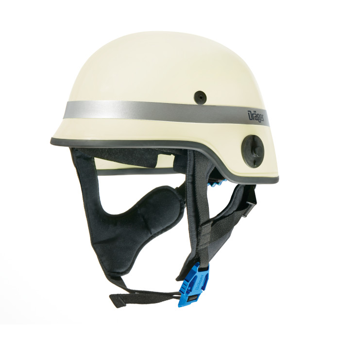 Dräger HPS 4500 Sicherheitshelm Cremefarbener Schutzhelm mit schwarzem Innenfutter und blauer Kinnriemenhalterung.