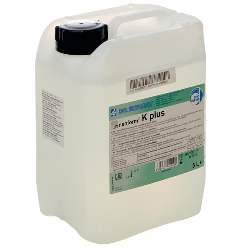 Desinfektionsmittel Neoform K Plus 5L Kanister Ein weißer 5-Liter Kanister Neoform K Plus mit Etikett.