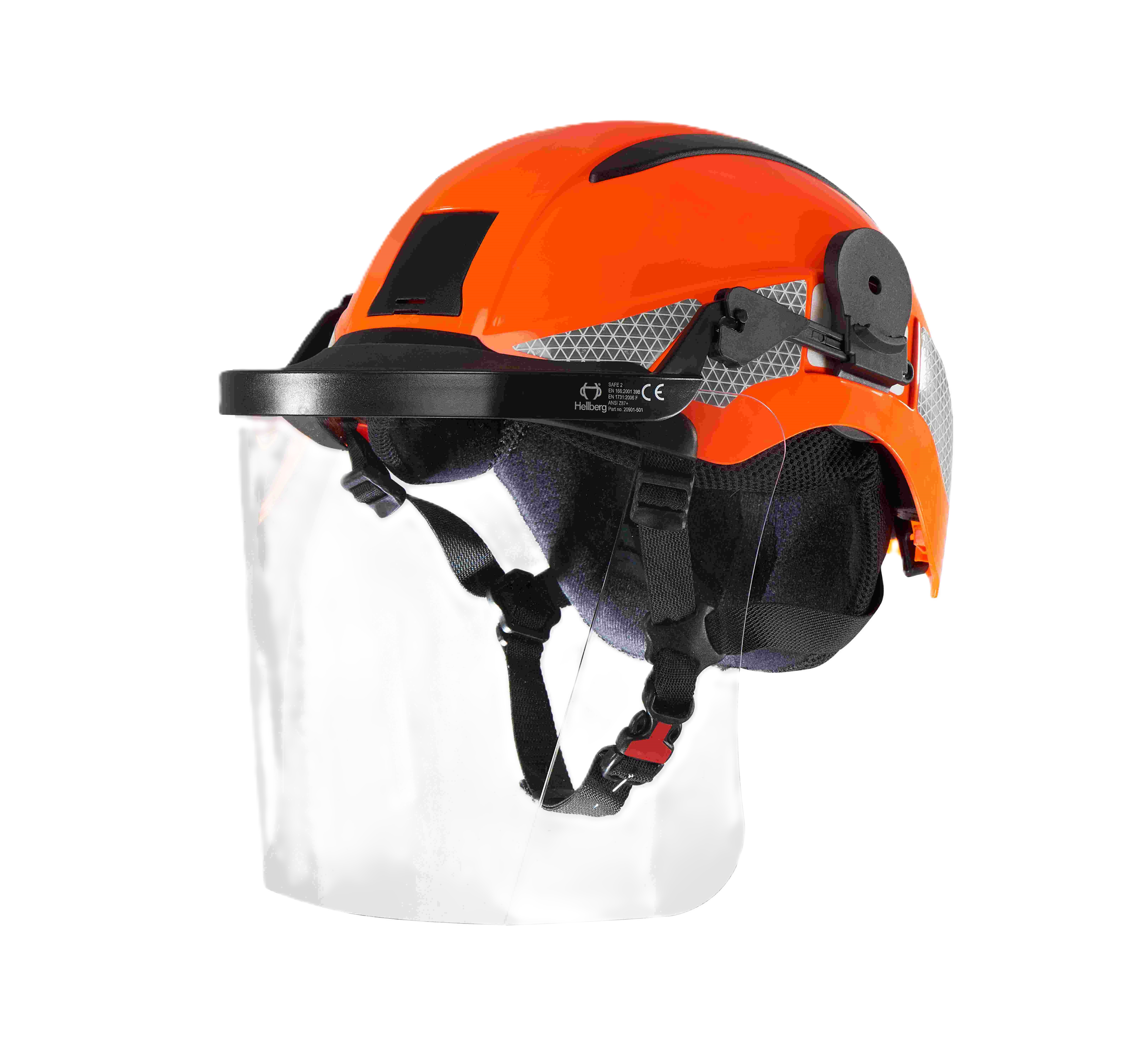 Orangefarbener Helm mit klarem Visier und Gurten.