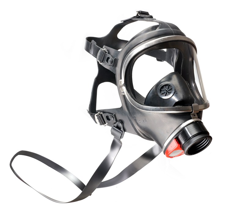 Schutzmaske von Dräger Sicherheitstechnik Schutzmaske mit schwarzem Kopfband und Atemanschluss.