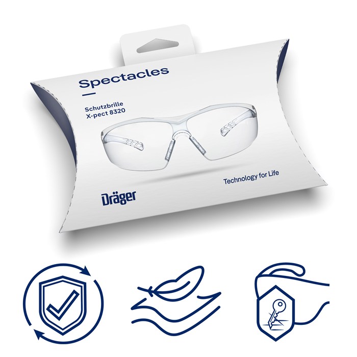 Verpackung der Schutzbrille X-pect 8320 Verpackung der Dräger Schutzbrille X-pect 8320 mit Icons für Merkmale.