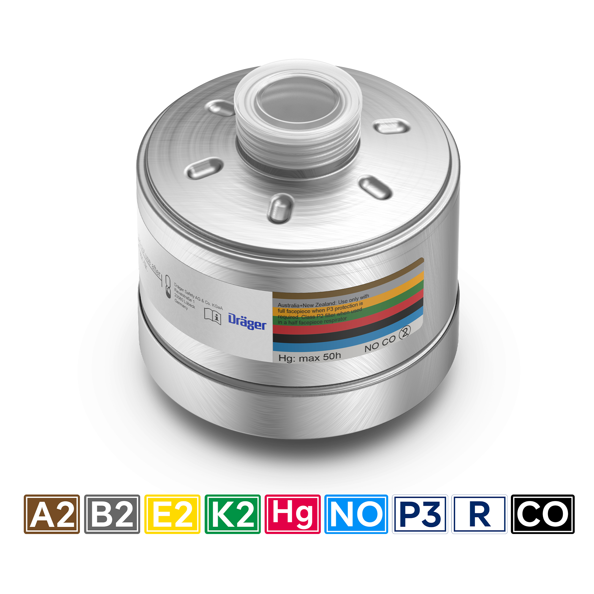 Metallischer Filter für Dräger Atemschutzmaske mit Schutz gegen diverse Chemikalien und Partikel.