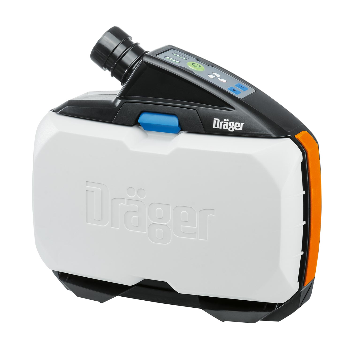 Dräger X-plore 8700 (EX) Atemschutzgerät Weißes und schwarzes Atemschutzgerät mit Display und Markenlogo.