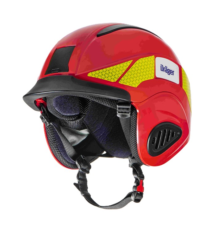 Roter Schutzhelm mit gelben Elementen und Dräger-Logo.