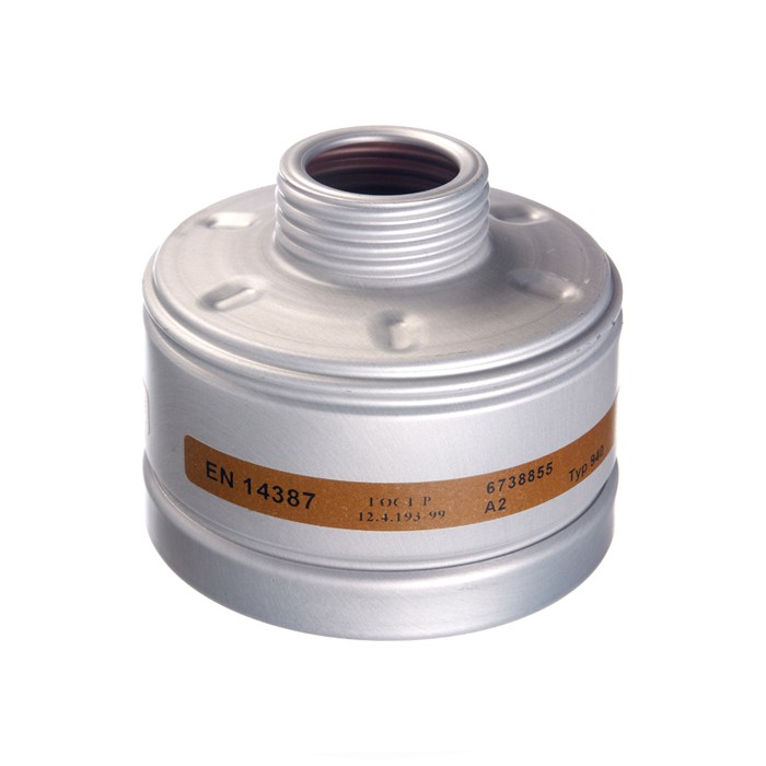 Dräger Rd40 Sicherheitsfilter A2 Rundes, silbernes Sicherheitsfilter mit Schraubanschluss und braunem Etikett, EN 14387 zertifiziert.