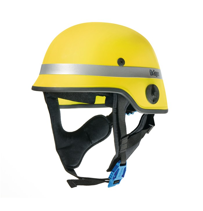 Feuerwehrhelm Dräger HPS 4500 in Gelb Gelber Feuerwehrhelm Dräger HPS 4500, Seitenansicht mit Kinnriemen.