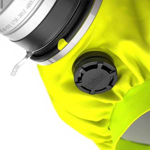 Dräger Parat 5510 Trainingshaube Detail Nahaufnahme eines gelben Maskendetails mit Ventil und Metallverschluss.